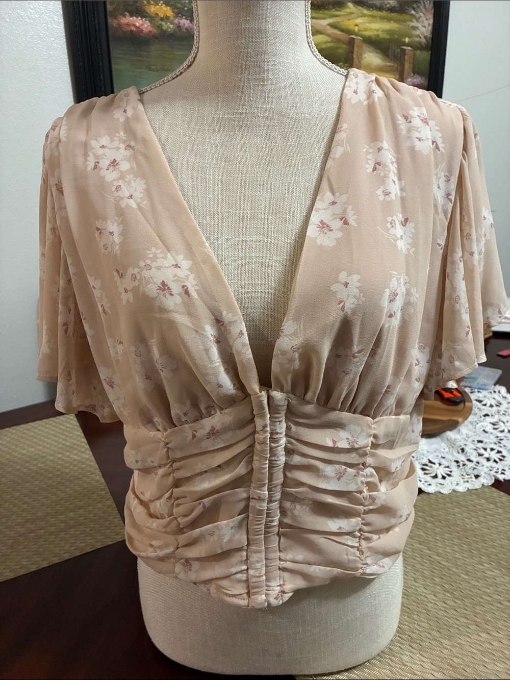Bluebelle Blush Floral V-Neck Ruched Women's Blouse